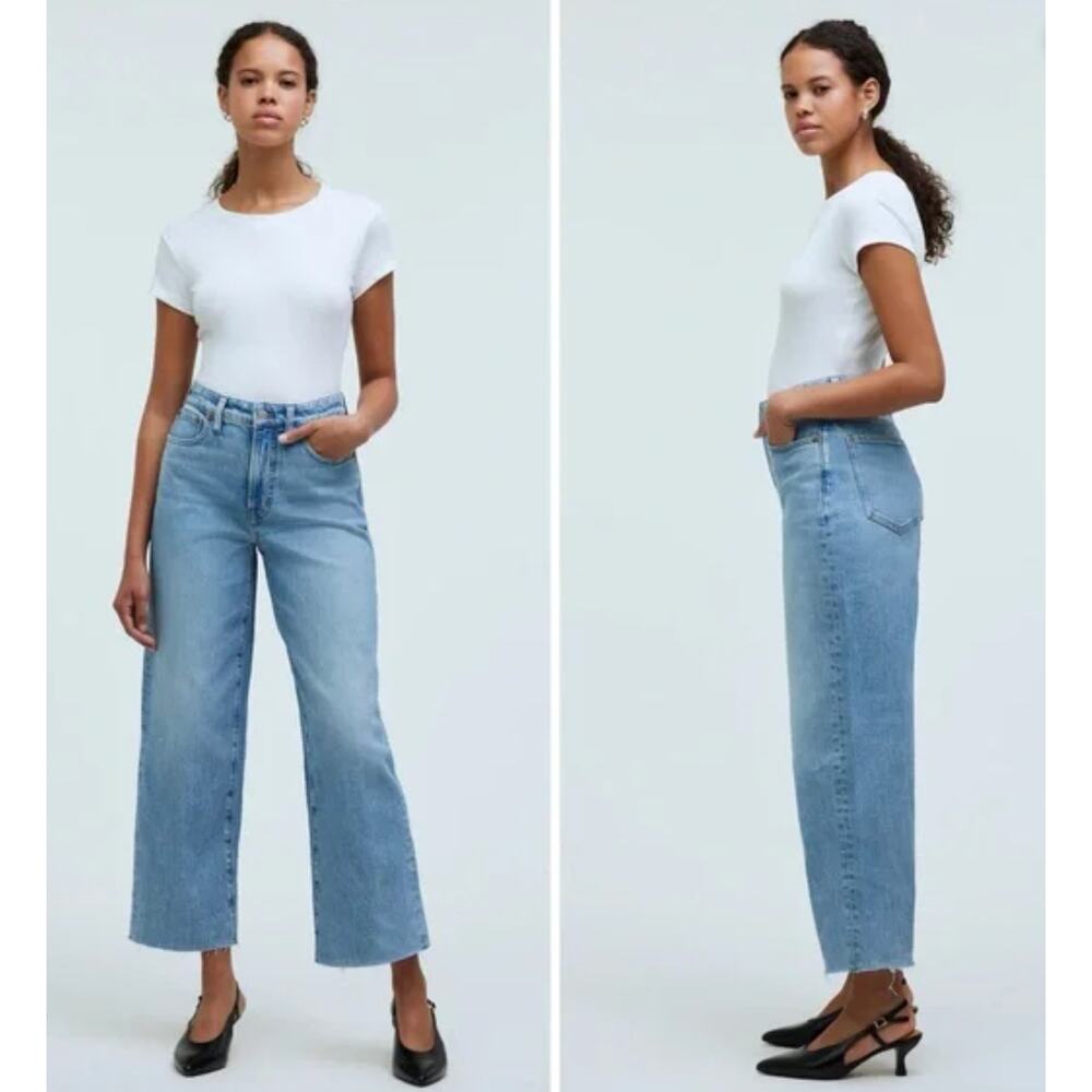 Madewell Wide Leg Crop Jeans Womens Size 32 Blue Raw Hem Front Pocket
